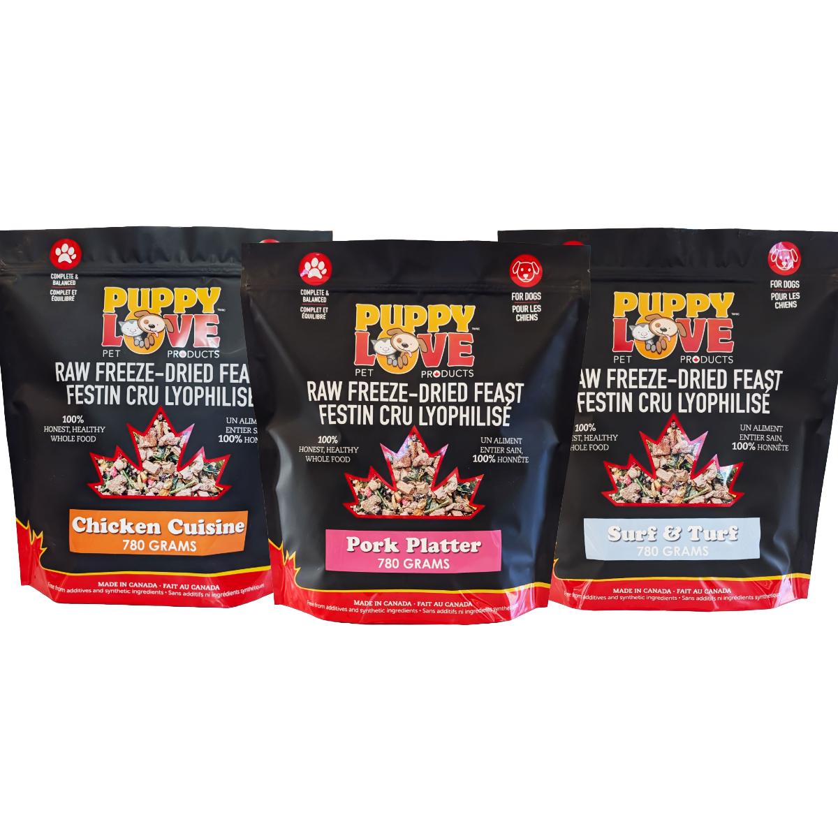 Mixed Bundle - Puppy Love Raw Freeze Dried Feast - Chicken, Pork, Surf & Turf