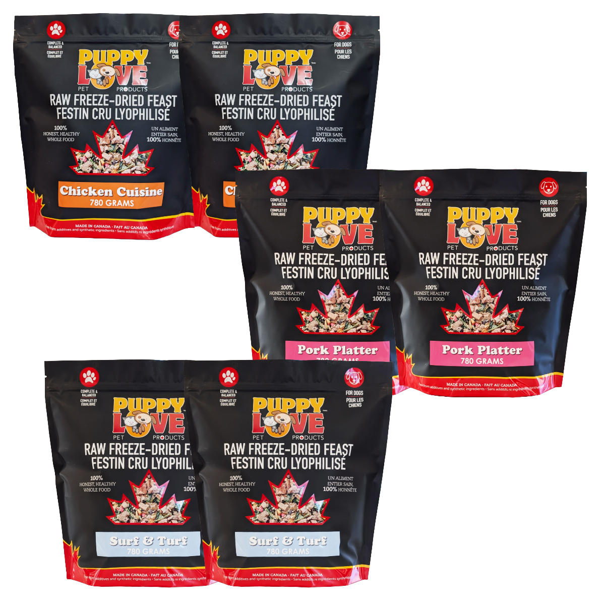 Mixed Bundle - Puppy Love Raw Freeze Dried Feast - Chicken, Pork, Surf & Turf