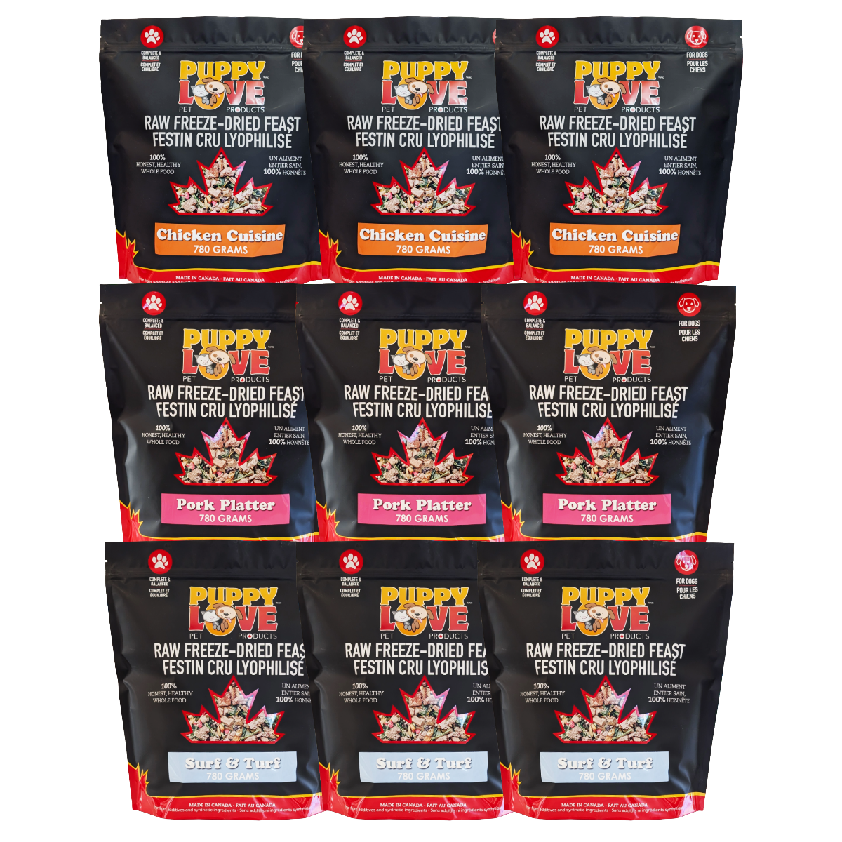 Mixed Bundle - Puppy Love Raw Freeze Dried Feast - Chicken, Pork, Surf & Turf